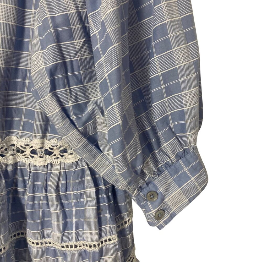 Free People Blue Plaid Tunic Womens Medium Boho Prairie Peasant Plaid Milkmaid - Picture 8 of 8